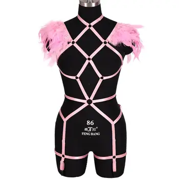 

Pink Feather Harness Lingerie Set Shoulder Epaulet Punk Goth Bondage Garter Belts Suspender Women Burning Party Rave Harness Bra