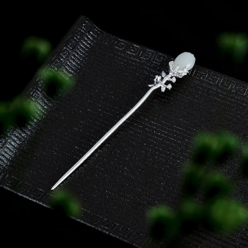 

Pearl 925 Sterling Silver Hair Stick Jade Magnolia Flower Hairpin Women Luxury Jewelry Ethnic Chinese Hair Pins