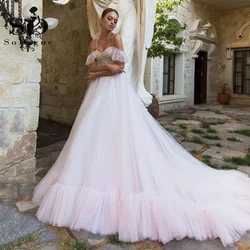 SoDigne Baby Pink Wedding Dress Off Shoulder Strap Pleat A-Line Elegant Lace Wedding Gown Princess Boho Bridal Dress