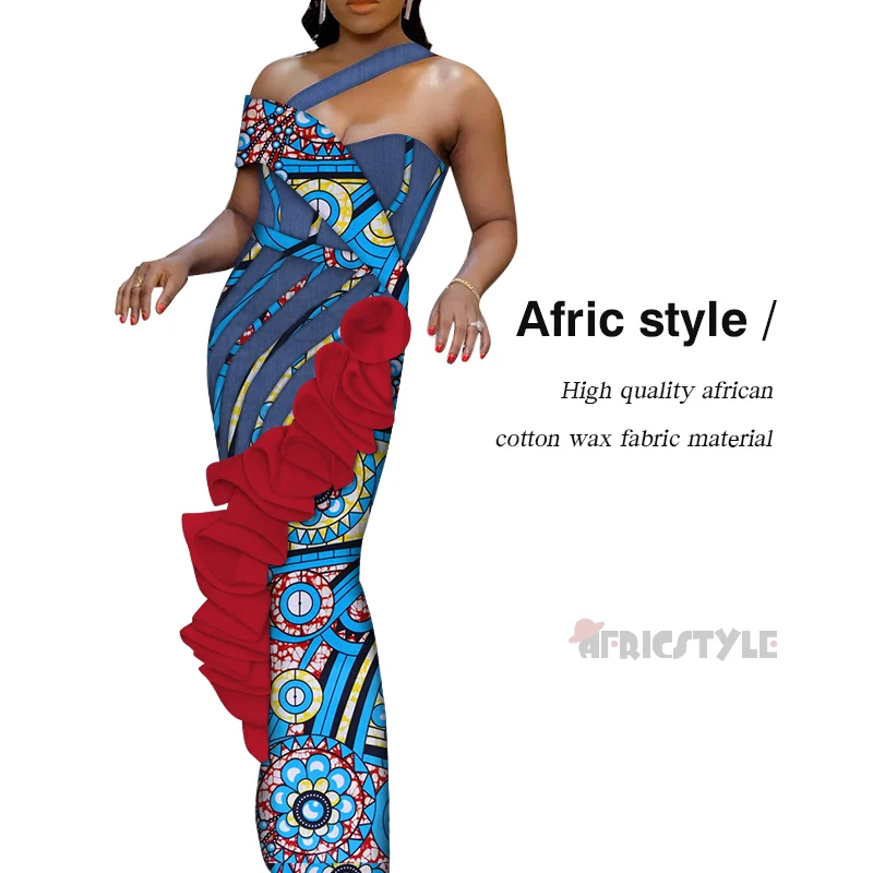 

2020 Afric Style 100% Wax Fabric Women Bell Bottom Dashiki Print African Style Casual Clubwear Party Long Dress WY6203