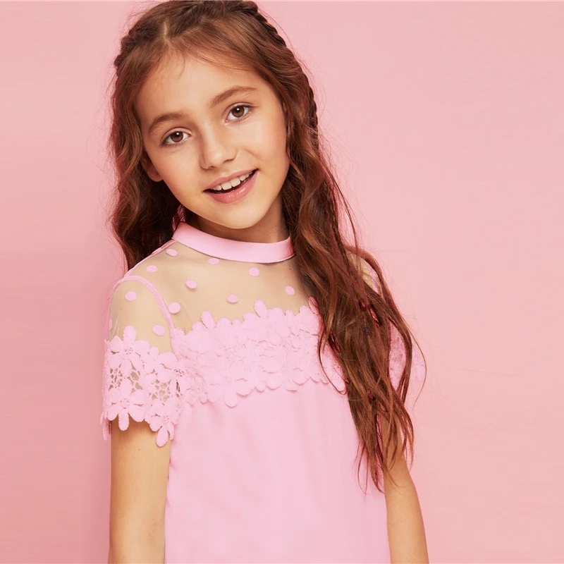 SHEIN Kiddie/Милая однотонная блузка с воротником-стойкой и оборкой для девочек детская одежда г., летний рукав-волан, топы с оборками на пуговицах сзади