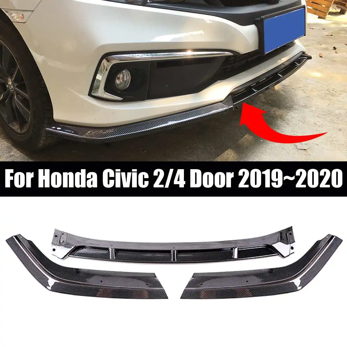 

NEW 3 Pcs Carbon Fiber Look / Black Car Front Lower Bumper Lip Spoiler Body Kit For Honda For Civic 2/4 Door 2019~2020