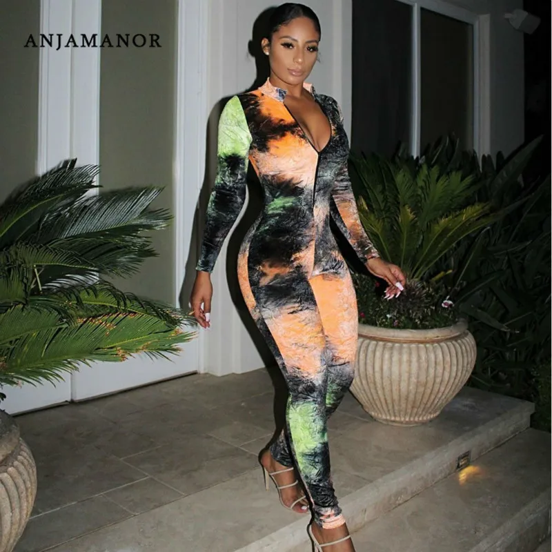 

ANJAMANOR Tie Dye Print Sexy Jumpsuit Party Club Wear Front Zipper Long Sleeve Bodycon One Piece Romper Gym Clothing D41-AE84