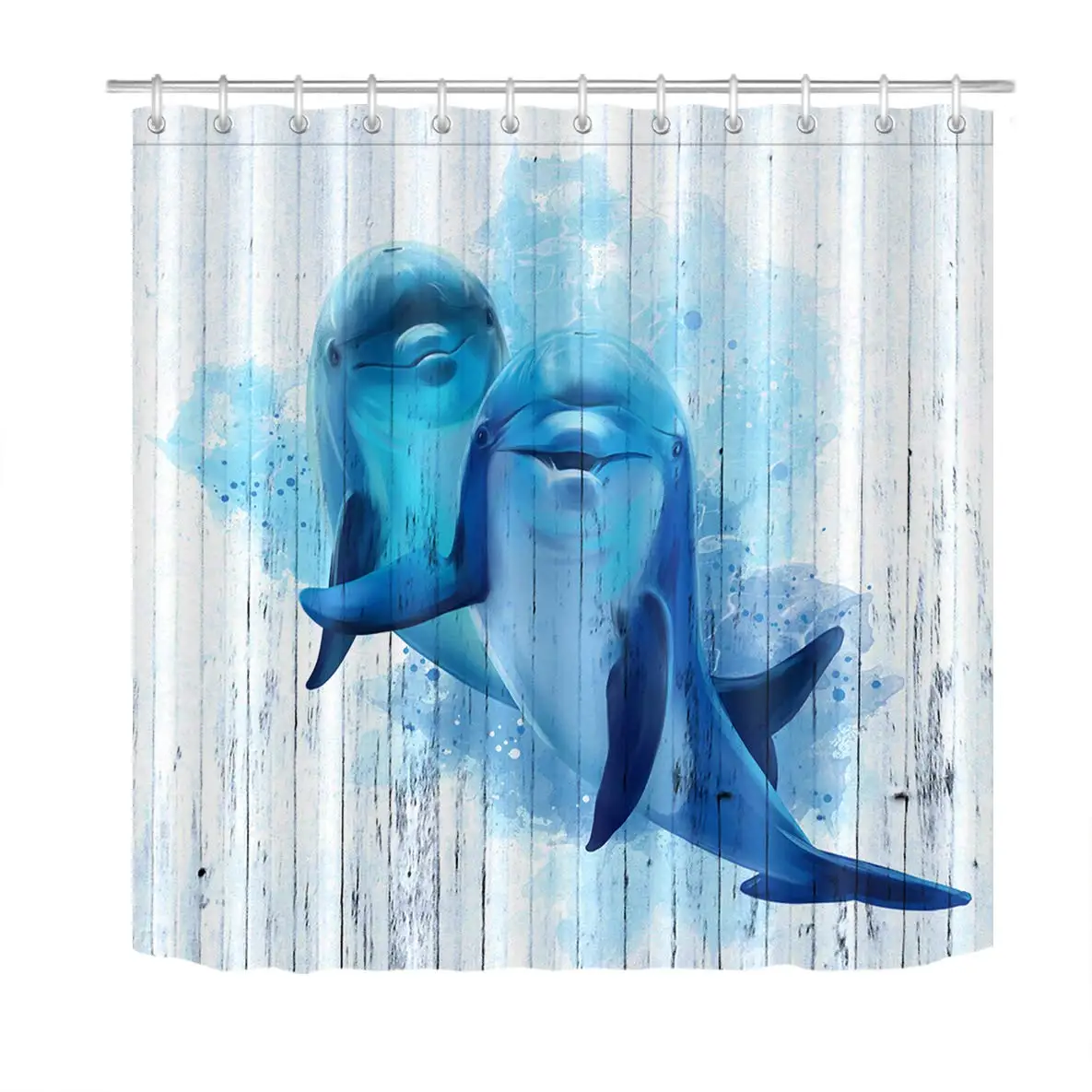 

Dolphin Shower Curtain Cute Dolphin in Blue Ocean Marine Life on Rustic Vintage Wooden Board Watercolor Art Beach Bathroom