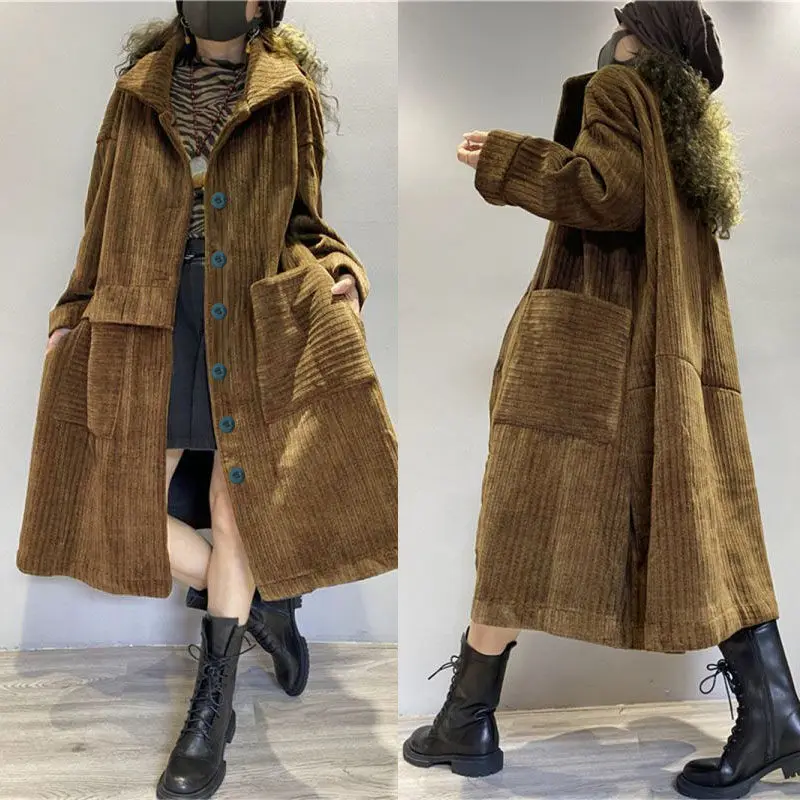 Plus Velvet/No Velvet Corduroy Jacket Large Size Women's Long Windbreaker Big Pocket Wild Single-Breasted Fall Winter Coat M1501