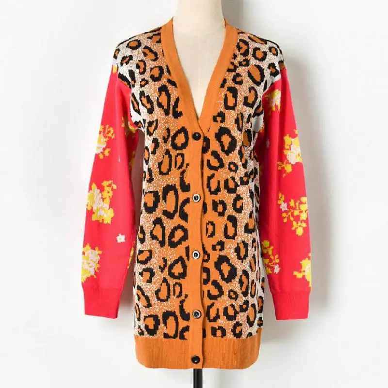 

Red RoosaRosee Designer Women Autumn Leopard Flower Long Sleeve Sexy V Neck Knitted Cardigan Fashion Lady Gorgeous Party Top New