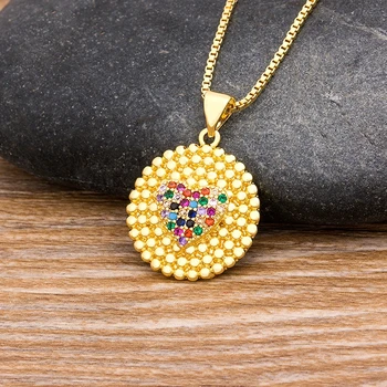 

Top Quality Romantic Heart Pandant Necklace Copper Zirconia CZ Stone Round Necklace Gold Chain Jewelry For Women Girls Best Gift