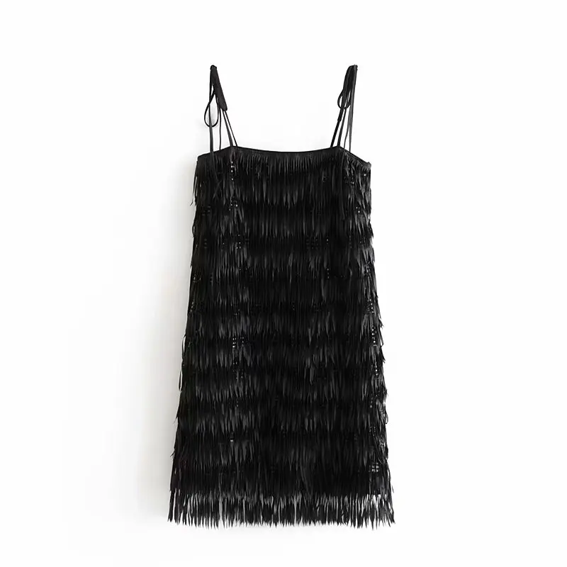 Романтичное женское винтажное черное платье с кисточками и пайетками женское мини-клуб без рукавов с открытой спиной сексуальное платье HHWM2366