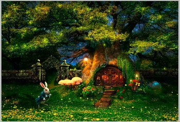 

5x7FT Alice Wonderland White Rabbit Tree House Mushroom Green Garden Custom Photo Studio Backdrop Background Vinyl 220cm x 150cm