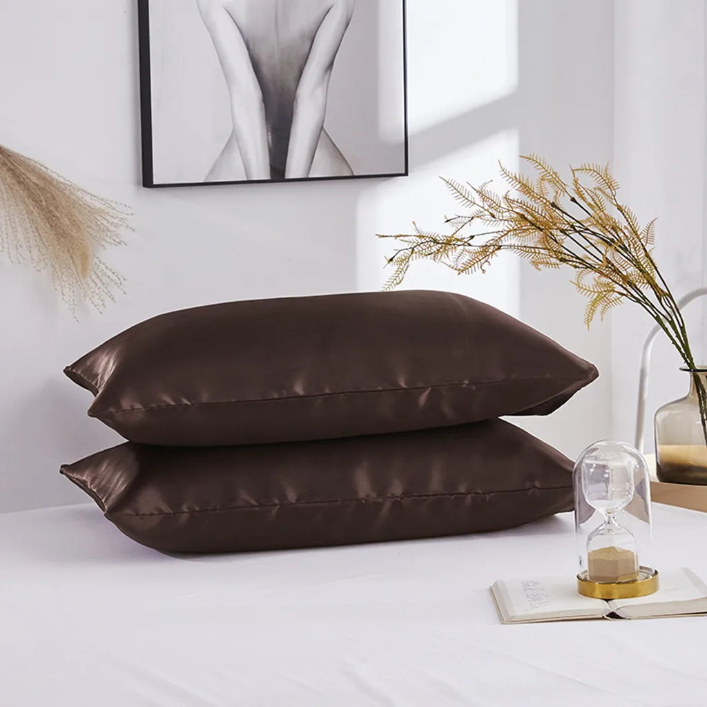 Simple satin silk pillowcase 2pcs solid color bedding envelope closed standard pillowcase wholesale purchasing#4JY25