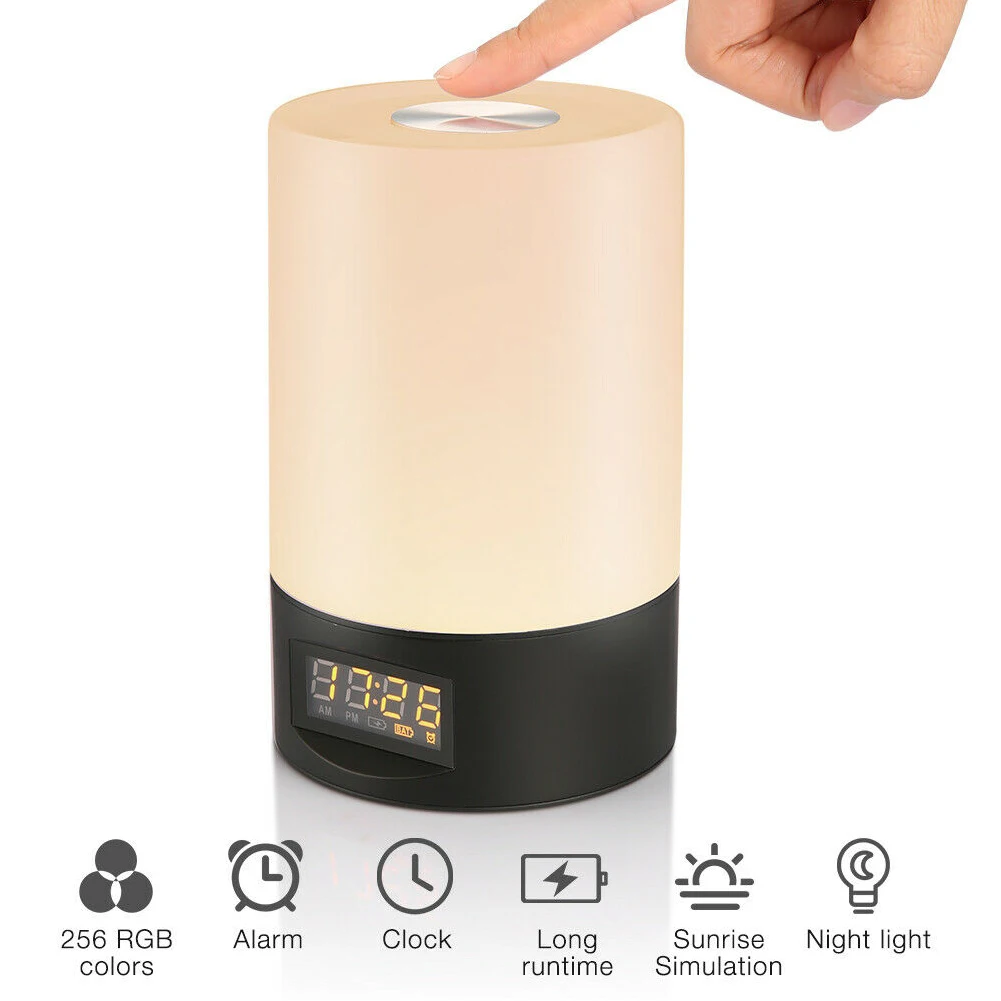 Sensitive Night Lamp Kids No Glare Multifunction Led Bedroom Alarm Clock Touch Wake Up Light Rechargeable Adjustable Smart