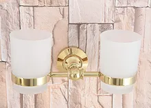 

Gold Color Brass Toothbrush Holder With Double Glass Cups Wall Mounted Bathroom Accessories aba317
