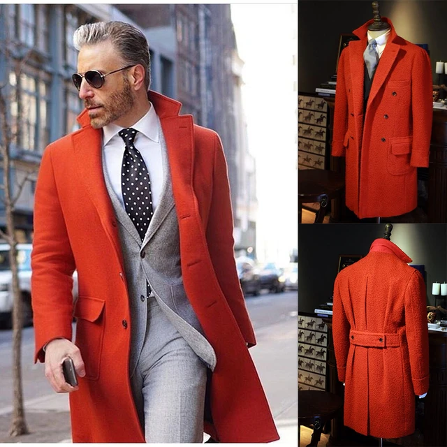 Abrigo largo de lana de Tweed naranja para hombre, chaqueta cálida de dos para novio y fiesta de graduación, traje de traje de invierno _ - AliExpress