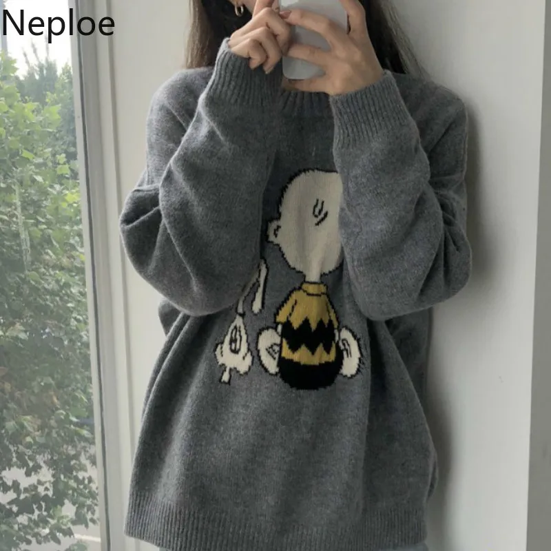 Neploe свободные сумасшедшие Стиль пуловер вязаный Pull Femme осень зима низ мультфильм шаблон свитер О образным вырезом повседневное с длинным рукавом Топ