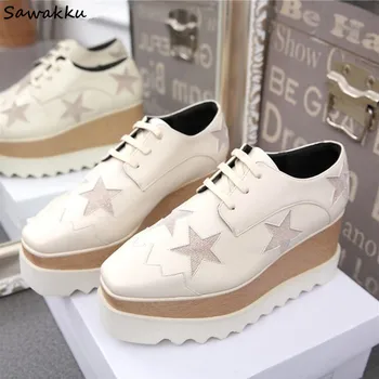 

Sawakku Fashion Women Sneakers Thick Bottoms Waterproof Wedges Lady Loafers Stars Square Toe Increased Platform Casual Shoes