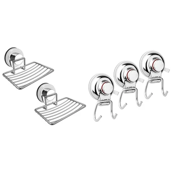 

3 Pcs Suction Cup Hooks, Powerful Vacuum Holder & 2 Pcs Soap Dish Holder,Stainless Steel Soap Basket