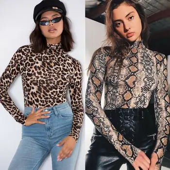 

Leopard Bodysuit for Women Sexy Bodycon Skinny Body Suit Turtleneck Long Sleeve Playsuit Printed Romper Jumpsuits