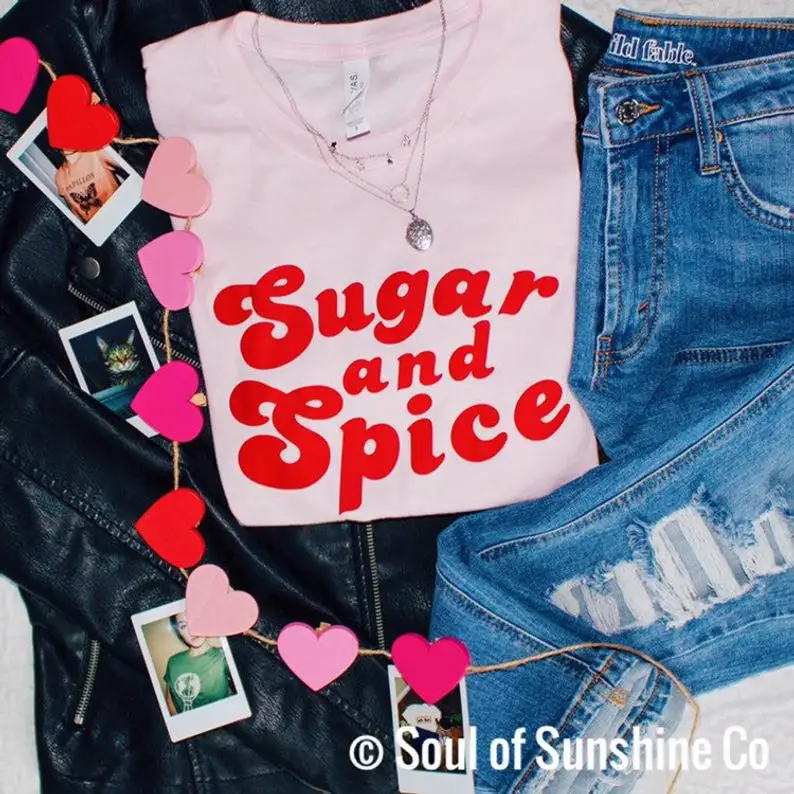

Sugar and Spice Tees Girls Summer Pink Cotton Round Neck Tshirt Plus Size Funny Short Sleeved tops Graphic Tumblr T shirt Women