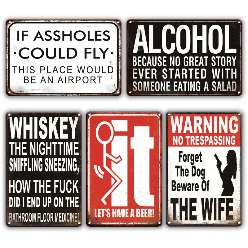 

ALCOHOL WHISKEY Metal Wall Art Decor Tin Sign Shabby Chic WARNING NO TRESPASSING Metal Signs pub Cafeteria Farmhouse Home Decor