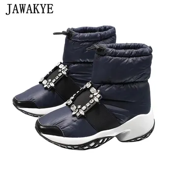 

New Hiking Snow Boots Woman Rhinestone Buckle Rain Boots Warm Down Winter Shoes Platform Drawstring Slip On Ankle Botas Mujer