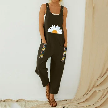 

Retro Flower Print Cotton Linen Women Jumpsuit Summer Button Strappy Backless Bodysuit Sexy Pocket Loose Trousers Romper 2020