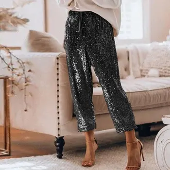 

Silver Sequin Shiny Wide Leg Pants Women Casual Club Party Harem Pants High Waist Lace Up Trousers Streetwear pantalon femme