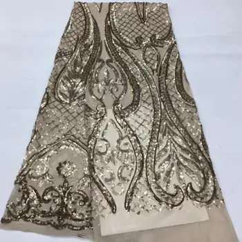

(5yards/lot) beige gold French net lace stretch African sequins lace fabric with embroidery for shining party dress FXS203