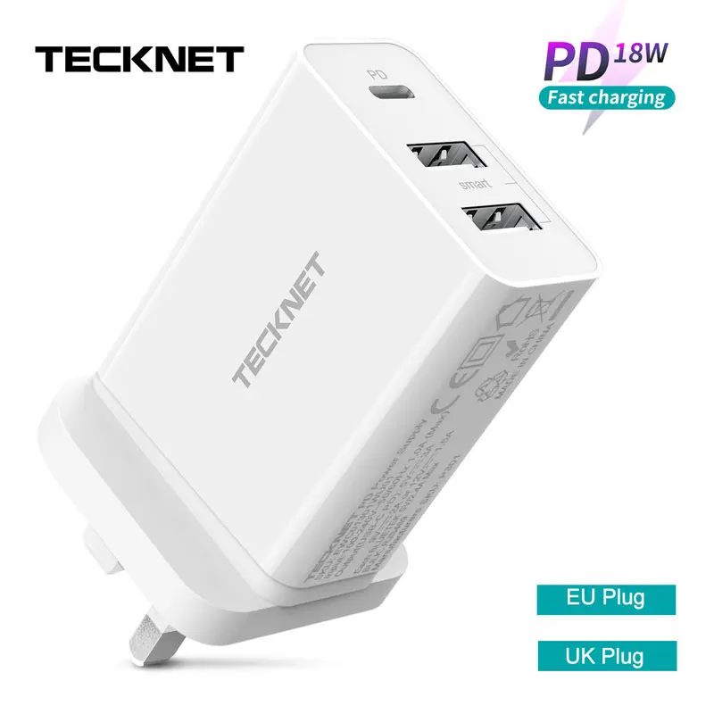 

TeckNet 18W USB PD Charger Adapter Fast Charge Wall Charger Portable EU UK Plug USB Charger for iPhone Samsung Galaxy Note 10