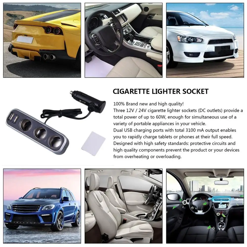 Универсальный 3 гнезда адаптер разветвитель 3.1A USB зарядное устройство для автомобиля DC 12 В/24 В прикуриватель разветвитель+ двойной USB порт Автомобильный адаптер