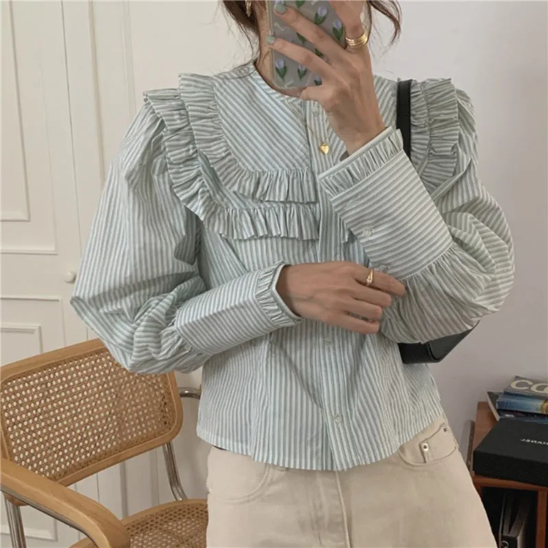 2021 Sweet Striped Shirts Gentle Streetwear New Stylish Tops Autumn O-Neck  Tops Ruffles Office Lady Short long-sleeved chic top