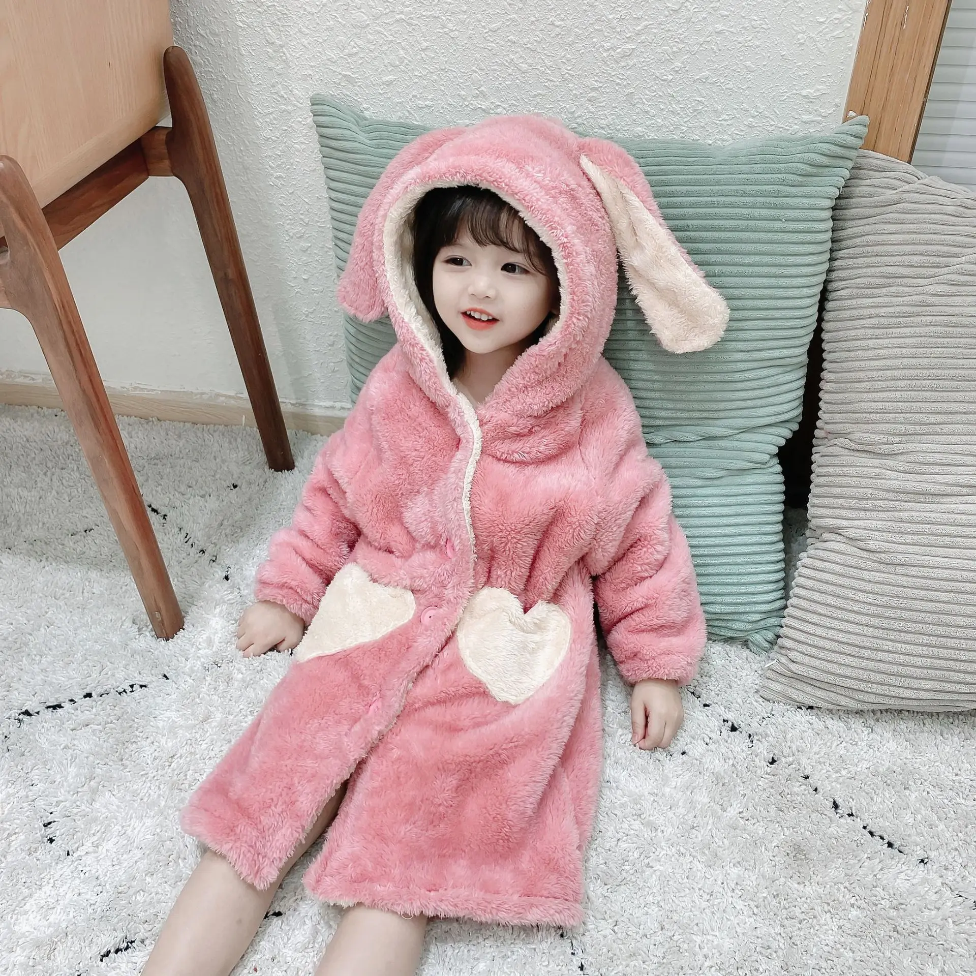 Boys Girls Children Winter Pajamas Hooded Cartoon Bathrobe Princess Flannel Robe Set Kids Sleepwear Coral Velvet Home Clothes