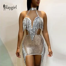 Slaygirl Tassel Sequin Party Dress Women Hollow Out Sexy Dress Mini Halter Club Summer Autumn Dresses Ladies Vestidos New