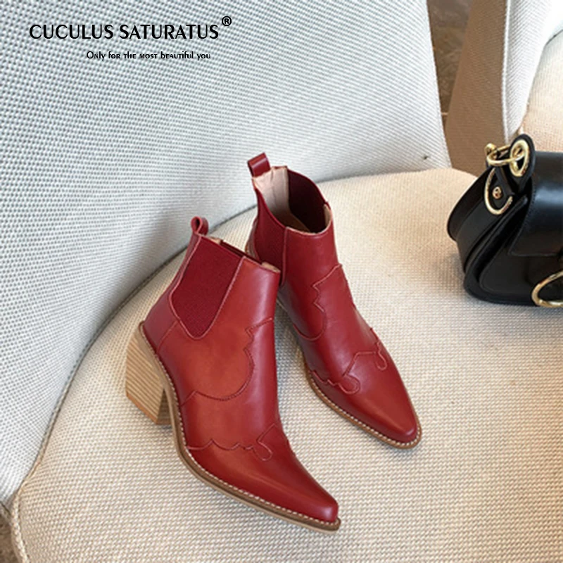 

CUCULUS Genuine Leather Women Boots Pointed Toe Wedges Shoes Autumn Winter Boots Short Ladies Western Ankle Boots for Women 2017