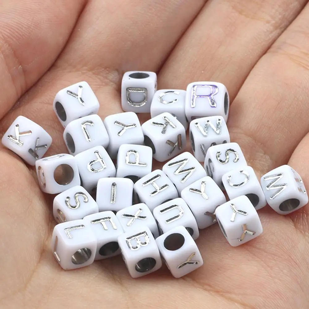 100pcs White Cube Acrylic Alphabet Bead Loose Spacer Silver Color 26 letter  Beads For Jewelry Making Diy Children Bracelet 6X6MM