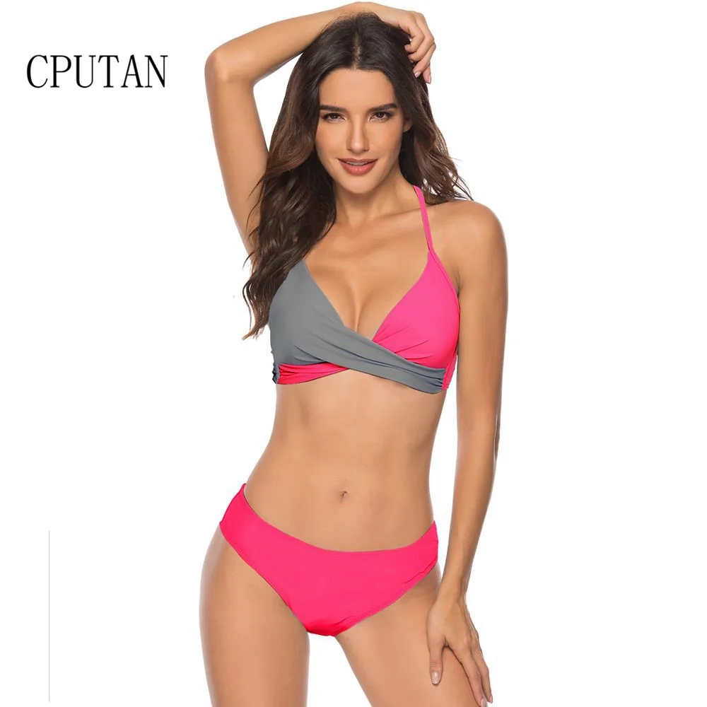 Günstig Sexy Bikinis Frauen Badeanzug Hohe Taille Badeanzüge Schwimmen Halter Push Up Bikini Set Pachwork Plus Size Bademode Bademode