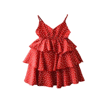 

Kid Baby Girls Dress Dot Pattern V-Neck Ruffle Sleeveless Pleated Waist Design Cake Shaped Multi-Layer Loose Outfit Sweet Dress