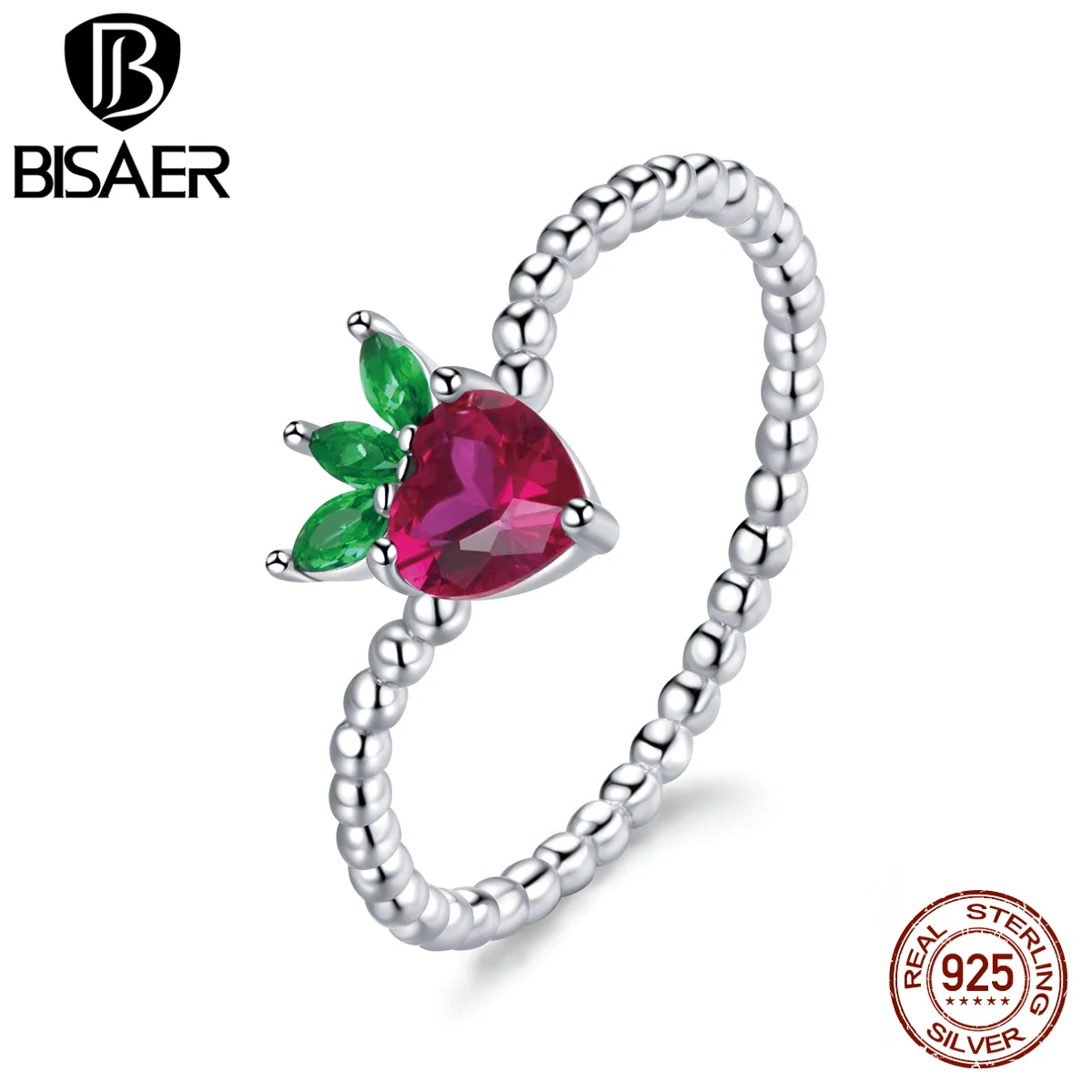 BISAER простые кольца 925 пробы серебряные маленькие клубничный красный кубический