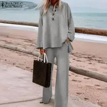 

ZANZEA Autumn Women Holiday 2PCS Suit Long Sleeved Solid Blouse Loose Elastic waist Wide Leg Pants Fashion Casual Pockets Set
