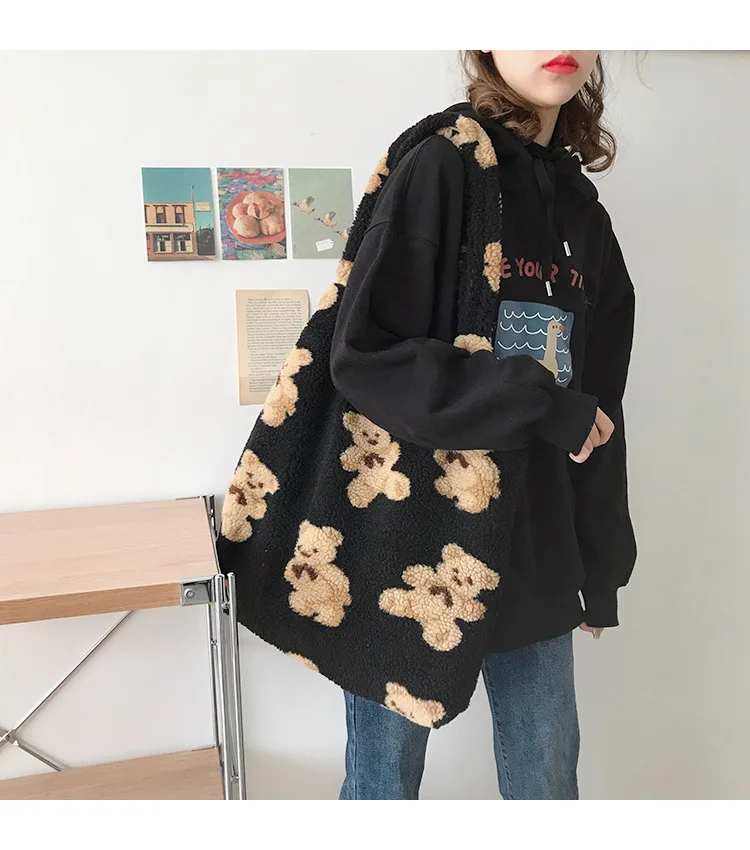 Women Plush Shoulder Bag Warm Cloth Fabric Handbag Soft Canvas Tote Large Capacity Shopping Bags Cute Bear Book Bags For Ladies