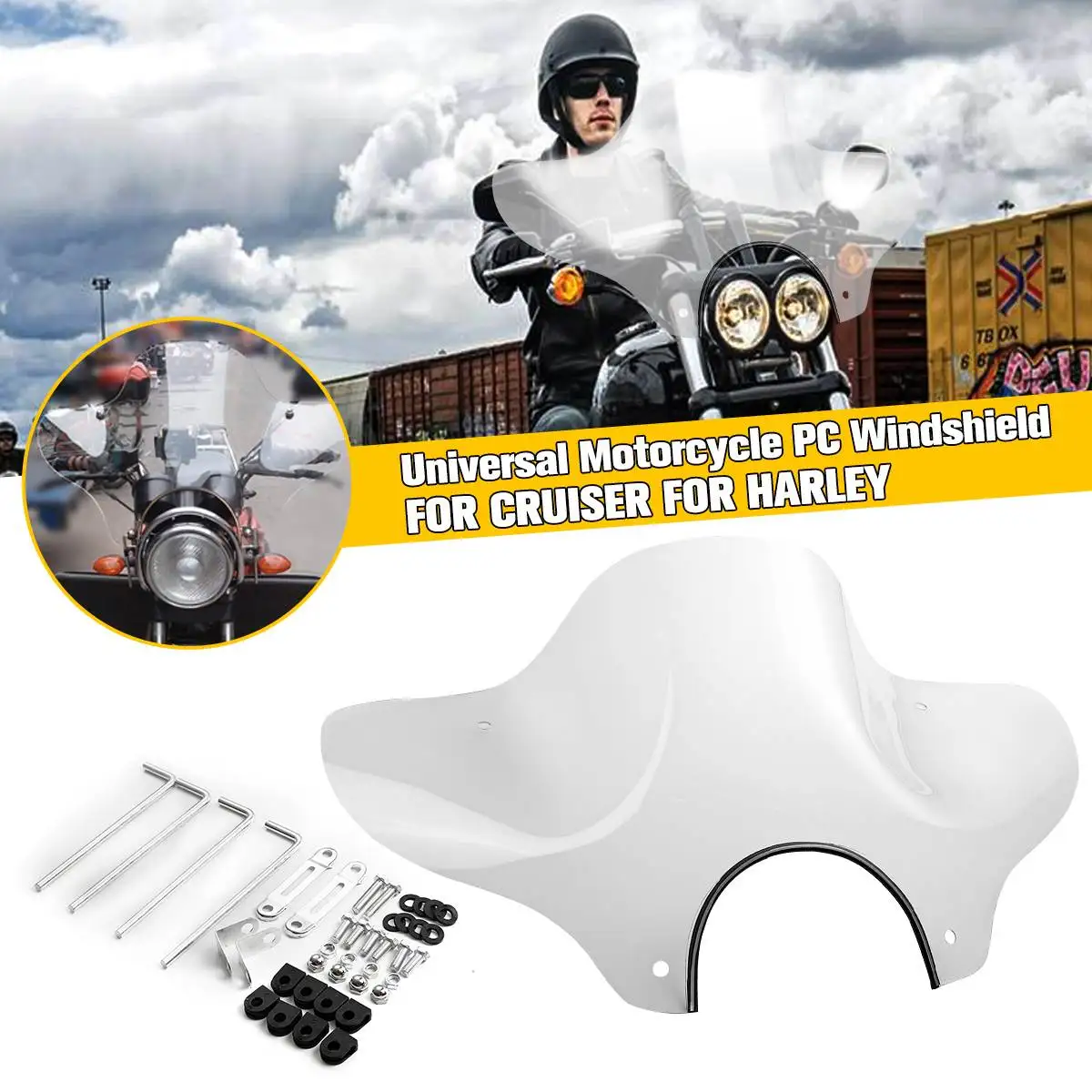 

Hot New Motorcycle PC Clear Windshield Windscreen Mounting Universal For Cruiser for Harley Touring Custom