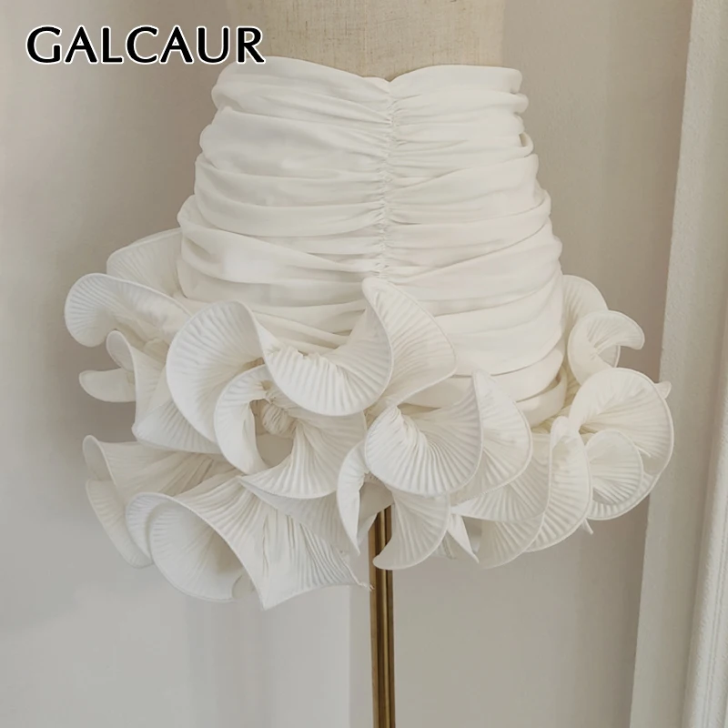 GALCAUR Casual White Ruched Skirt For Women High Waist Patchwork Zipper Irregular Solid Skirts Female Clothing 2022 Summer Style