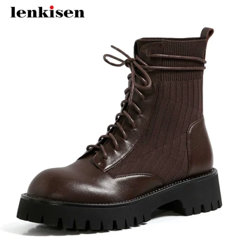 

Lenkisen knitting boots natural leather recommend preppy round toe thick med heel lace up beauty lady daily wear ankle boots L36