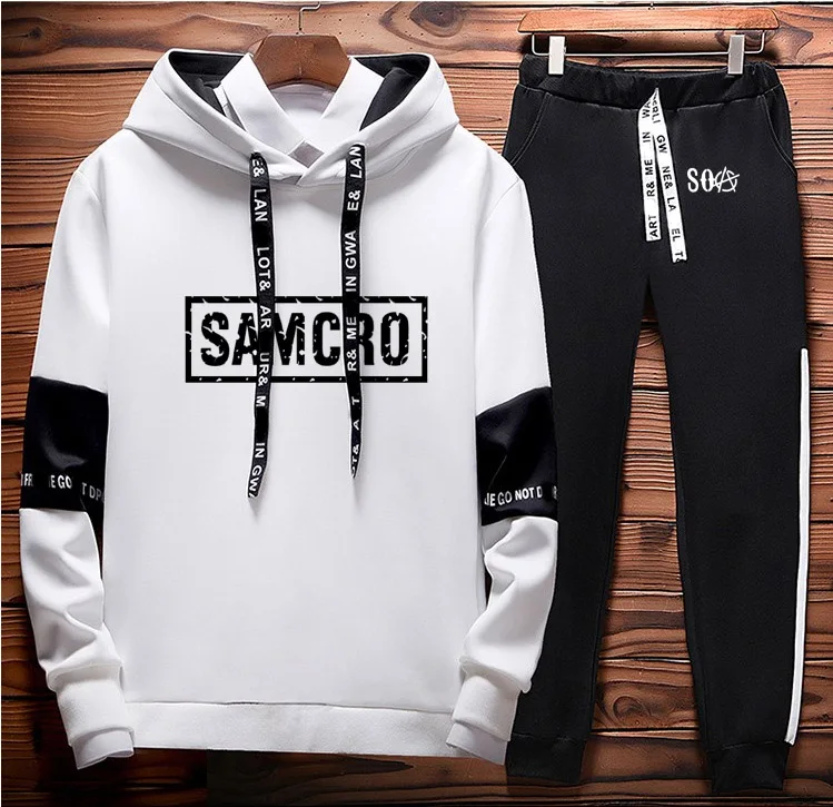 SOA Sons of anarchy/Детские модные толстовки с капюшоном с принтом «SAMCRO», Мужская толстовка, мужские толстовки с капюшоном в стиле хип-хоп, комплект со штанами, спортивная одежда из 2 предметов - Цвет: Белый