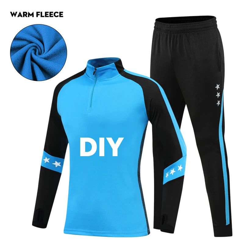 blue warm fleece DIY Спортивный костюм для футбола; детская теплая спортивная одежда; пальто с длинными рукавами; штаны с уникальным воротником для мальчиков; Толстовка для бега; детская верхняя одежда - Цвет: blue warm fleece DIY