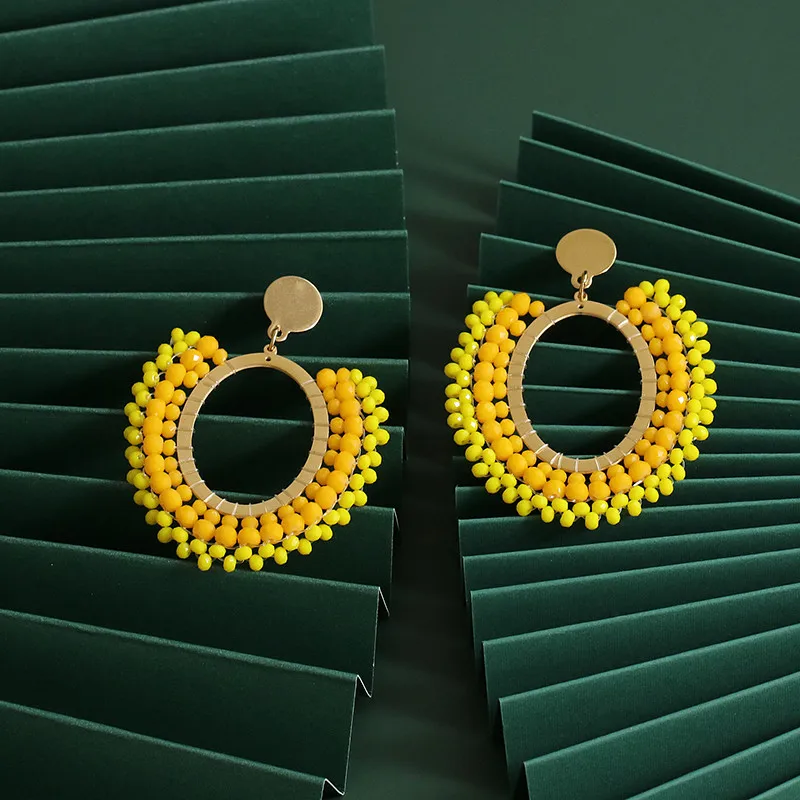 JUJIA 2020 New Ethnic Geometric Pendant Earrings Beaded Drop Earrings Unique Design Resin Acrylic Hanging Dangle Earring Brincos
