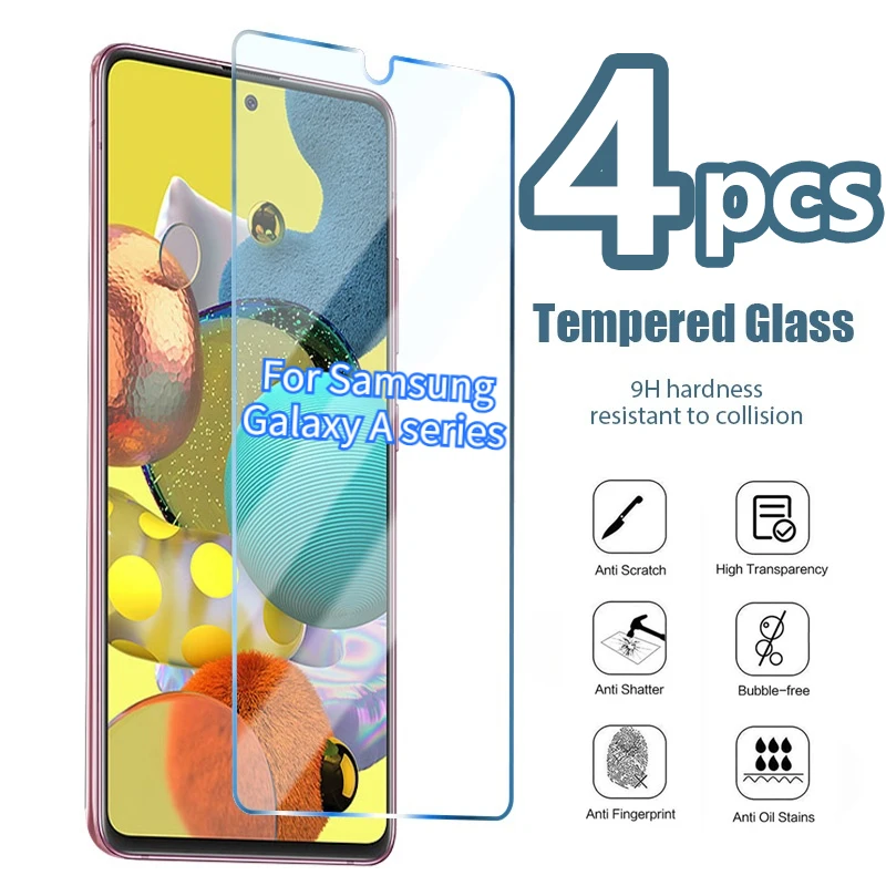 4pcs HD vidrio templado para Samsung A50 A40 A30 A10 A20 Protector de pantalla para Samsung Galaxy A20S A30S A40S A50S A51 A71 A70 A31