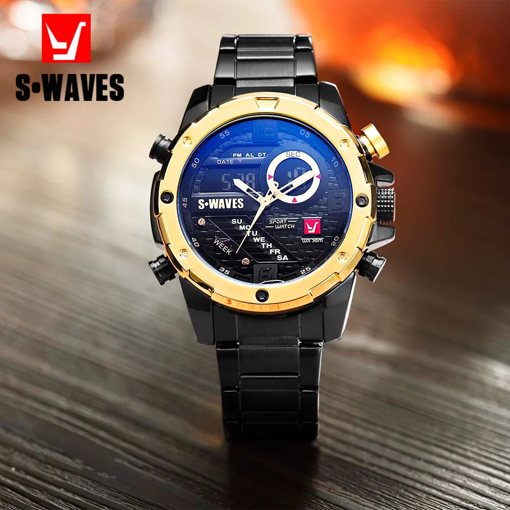 Online SWAVES Dual Display Uhr Männer Uhr Luxus Wasserdichte Uhren Herren 2019 Quarz Mode Edelstahl Sport Armee Reloj Hombre