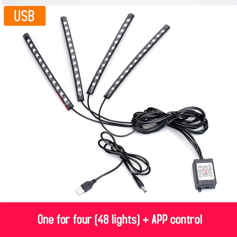Светодиодная автомобильная лампа для ног окружающий светильник RGB usb app беспроводной Дистанционное управление музыкой автомобильный интерьерный декоративный неоновый атмосферный светильник s - Испускаемый цвет: 4x12 USB APP