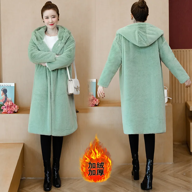 

Rex Rabbit Fur Coat Imitation Mink Fur Overcoat 2019 Winter New Style Fat Mm Mid-length Thick Hooded