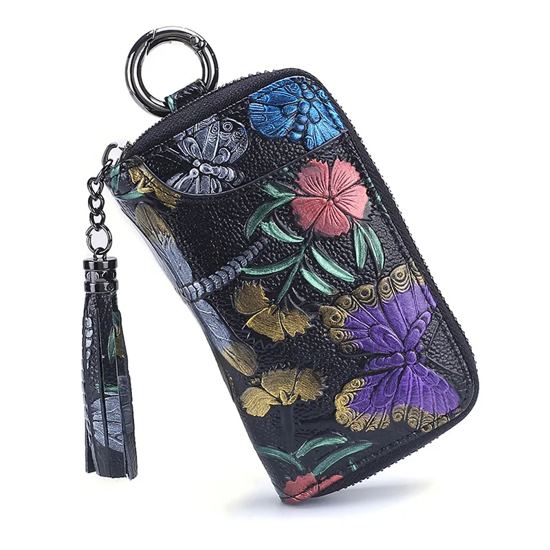 

2019 New Leather Key Organizer for Women Carving Rose Pattern Cowhide Keychain Purse Small Cards Key Chain Pouch Organizador